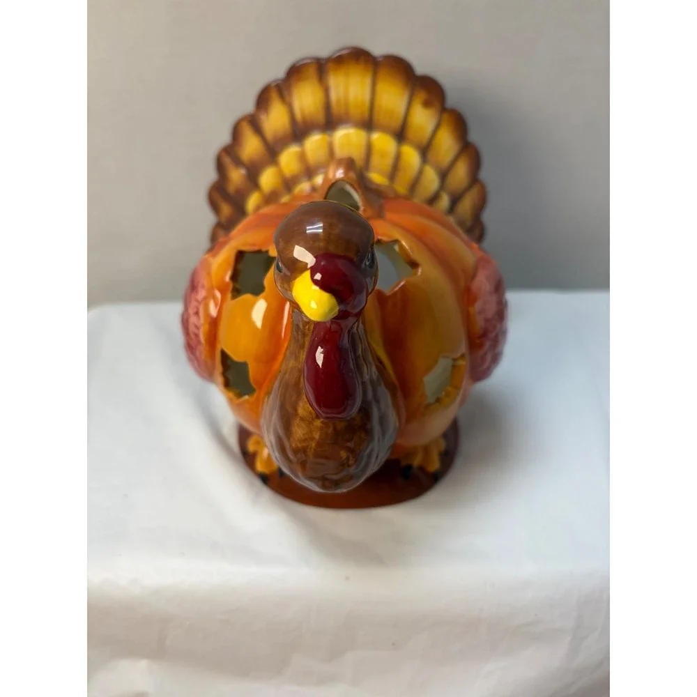 Ceramic Turkey Pumpkin Candle Holder Thanksgiving Autumn Luminary Decor Brown